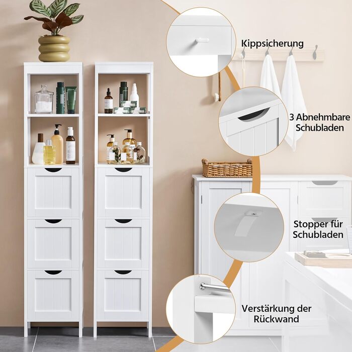 Шафа у ванну кімнату Yaheetech з 3 висувними ящиками та 2 відкритими полицями, 30 x 30 x 142 см, біла