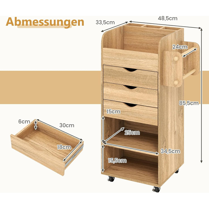 Роликовий контейнер COSTWAY з 3 висувними ящиками, візень для рукоділля з 2 стійками та 3 полицями, дерев'яний шафка на колесах, багатофункціональний візень для офісу та робочого кабінету (білий, натуральний колір)