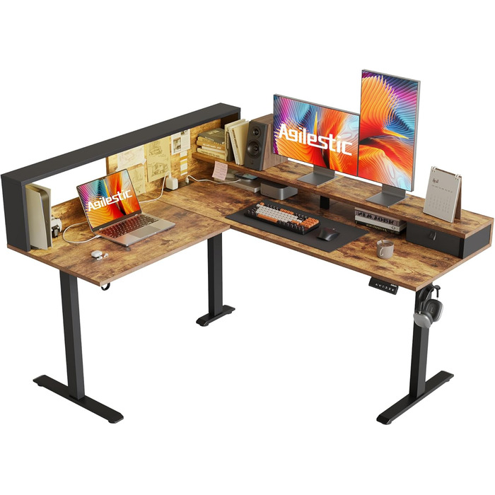 Регульований кутовий стіл Agilestic 160x140 см з LED та розеткою (Коричневий)
