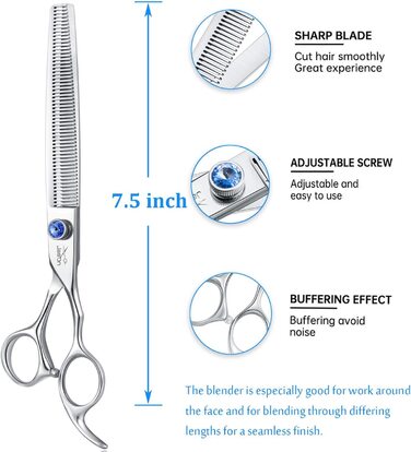 Професійні 7,5-дюймові ножиці для стрижки собак, кішок, домашніх тварин, ножиці для стрижки собак, ножиці для стрижки шерсті з регульованим гвинтом, 56 зубів, блендер, 7,5 дюйма