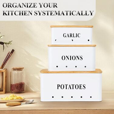 Набір контейнерів для картоплі, цибулі та часнику [3 шт] з бамбуковими кришками | Коробки для зберігання овочів з вентиляцією | Чорний