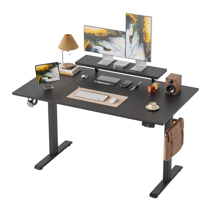 Регульований по висоті письмовий стіл Klicelor для геймінгу та офісу, 140x80 см, з LED-підсвіткою, розетками та підставкою для монітора, чорний
