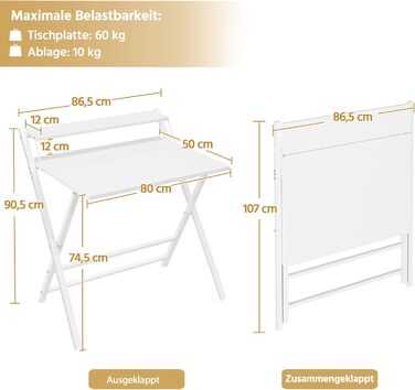 Складний стіл Yaheetech 80 см для комп'ютера з полицею, двоступінчастий робочий стіл з підставкою для монітора, стіл для ноутбука для дому/невеликих кімнат/вітальні, білий, 80 см x 50 см, 86.5x60.5x90 см