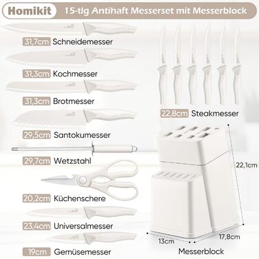 Набір кухонних ножів Homikit з підставкою, з шліфувальником, нержавіюча сталь, 6 ножів для стейку, антиковзні ручки, 15 предметів