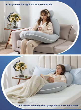 Підкова для читання INSEN: спинка для сидіння в ліжку, для читання, відпочинку, мам та дітей. Охолоджуюча підкова сірого кольору з охолоджуючими смугами