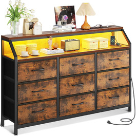 Комод ODK з висувними ящиками, 9 тканинних ящиків, 2 розетки, 2 USB-порти, LED-підсвітка, для спальні/вітальні, вінтажний стиль