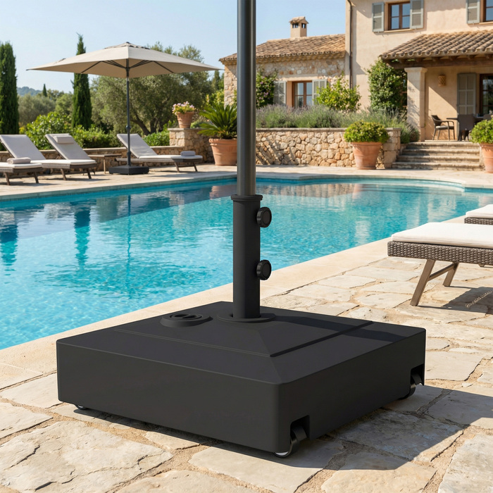 Стійка для парасольки від сонця на колесах, заповнювана піском (до 61 кг) або водою (до 40 кг), для стійок Ø35, 38, 48 мм, чорна