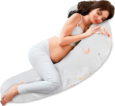Подушка для вагітних Totsy Baby XXL (190 см) - подушка для сну та підтримки тіла, бавовна Oeko-Tex, бежевий колір з білими зірками