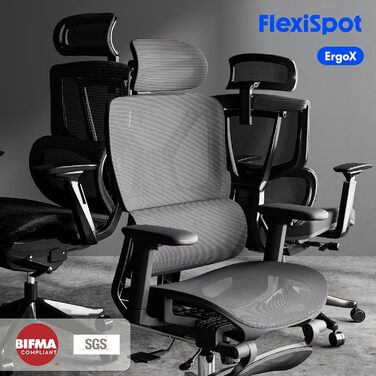 Офісний стіл FLEXISPOT C7 Lite-Mesh: ергономічний крісло з 3D підлокітниками, 3D підголівником та 5D спинкою. Макс. навантаження 130 кг, сірий колір.
