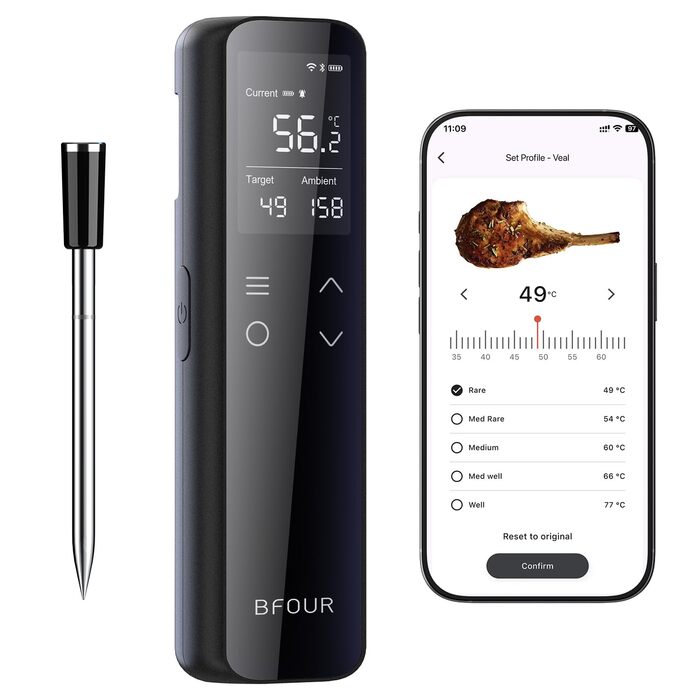 Термометр для м'яса BFOUR WiFi з Bluetooth, 6 сенсорів, з App-керуванням, бездротовий, для гриля та запікання