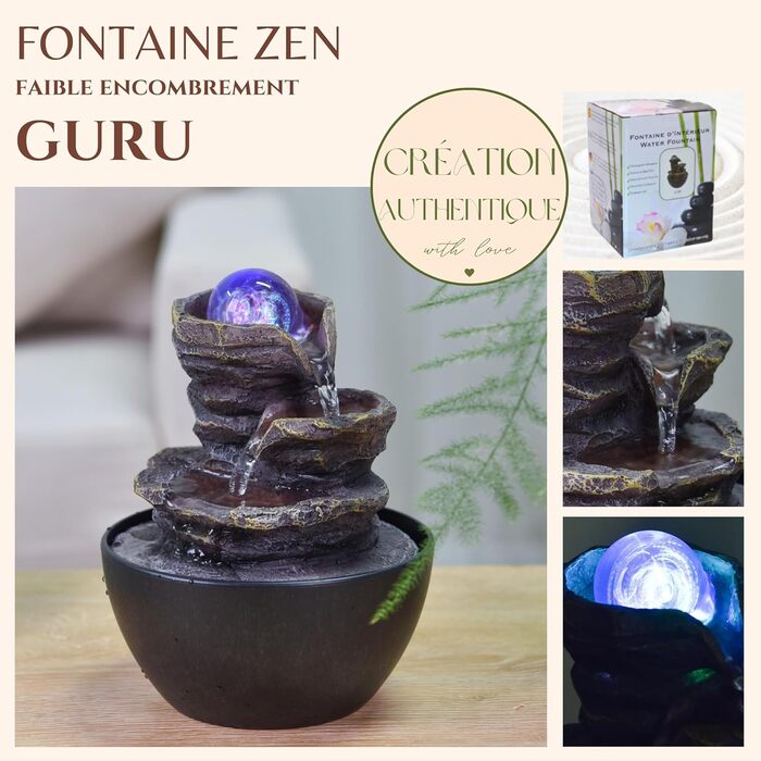 Внутрішній фонтан Zen Cascade Relaxing Яскравий барвистий світлодіод, корисні подарунки Low - Footprint, Закритий контурний настільний фонтан, H18см - Guru Zen'light