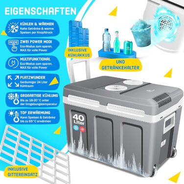 Термохолодильник KESSER® 40L з колесами | 12/230V | Для авто, човна, кемпінгу | Холодильник та підігрівач | ECO/MAX режим | з акумуляторами холоду та тримачами для напоїв