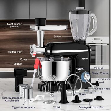 Універсальна кухонна машина 2000W 3-в-1 з м'ясорубкою, соковитискачем та мікшером, 6 швидкостей, 5.5л чаша з нержавіючої сталі, чорний колір