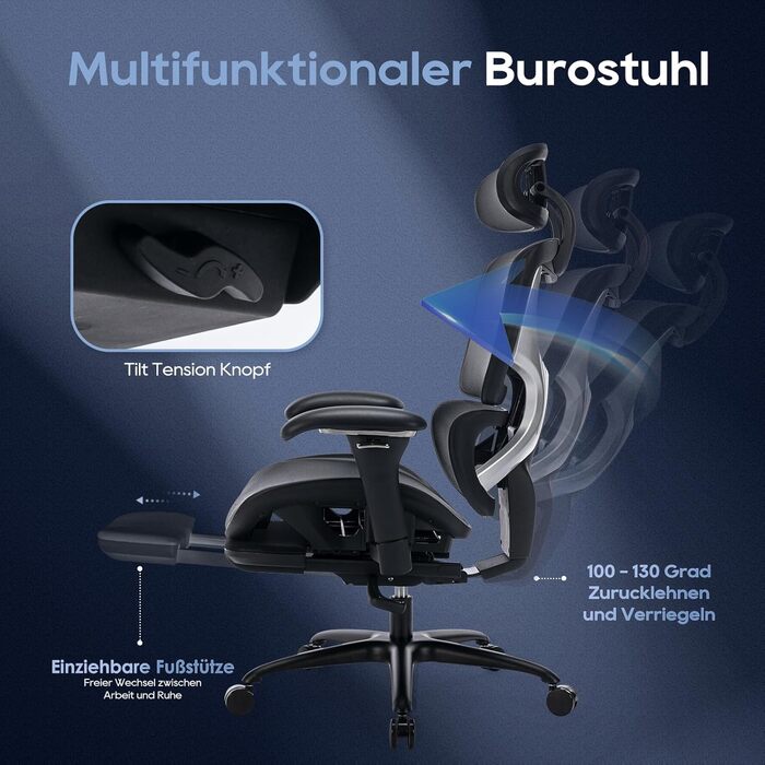 Органічний офісний крісло COLAMY з підніжкою, 3D підлокітниками, підголівником, підтримкою попереку та дихаючою сіткою - для офісу та дому, чорний