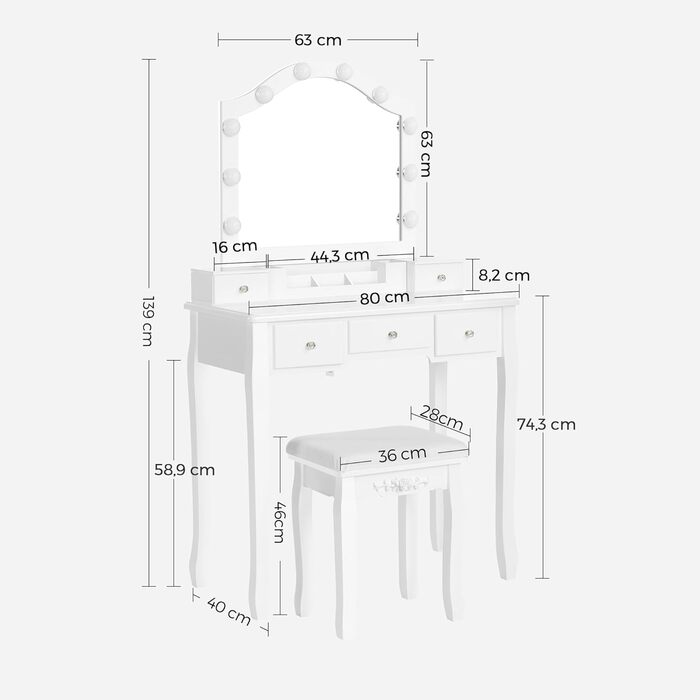 Набір туалетного столика VASAGLE, табурет, 10 лампочок, ящик для зберігання, 5 ящиків, білий RDT170W01