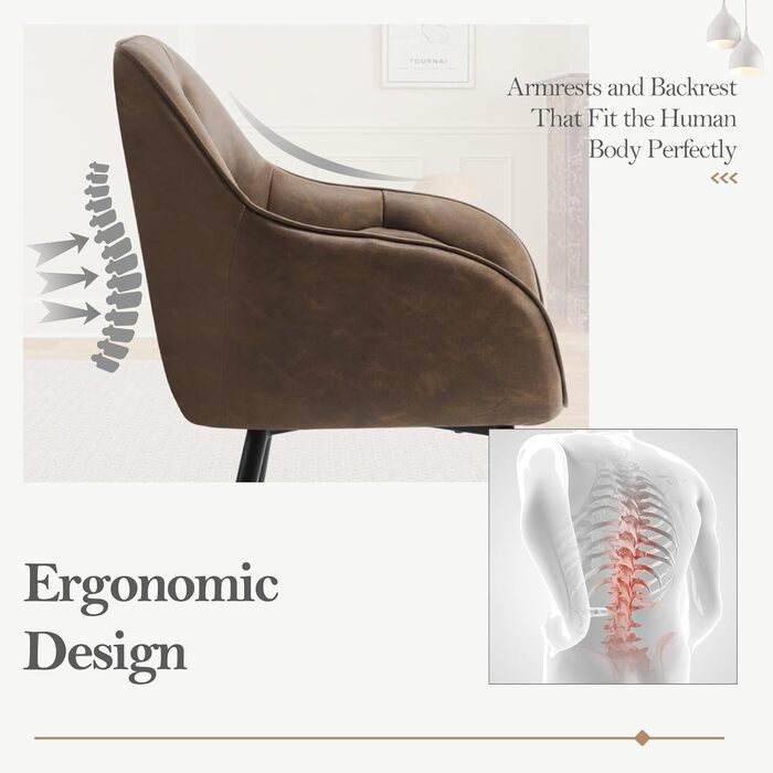 Крісла для їдальні WOLTU (2 шт.), для кухні та вітальні, ергономічні м'які крісла з підлокітниками, металеві ніжки, вінтажне штучне шкіряне сидіння, темно-коричневі
