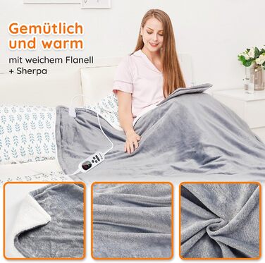 Електрична ковдра Mia&Coco з автовимкненням, 10 температурних режимів, таймер до 9 годин, захист від перегріву, фланель, 130x160 см, сіра