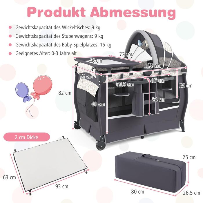 Дитяче туристичне ліжко COSTWAY 5 в 1 з матрацом, функція ліжечка-гойдалки, з регульованим козирком, пеленальний столик, музична іграшка та сумка для перенесення, до 15 кг (квітковий принт)