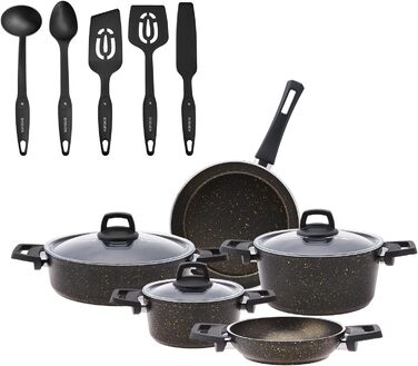 Набір каструль та сковорідок Karaca Ceramica Steel 3Ply: 13 предметів, чорний/золотий, з нержавіючою сталлю та керамічним покриттям