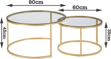 Набір журнальних столиків Soayone з 2 скла/металу, круглий, 70x70x45 & 50x50x40 см, золото