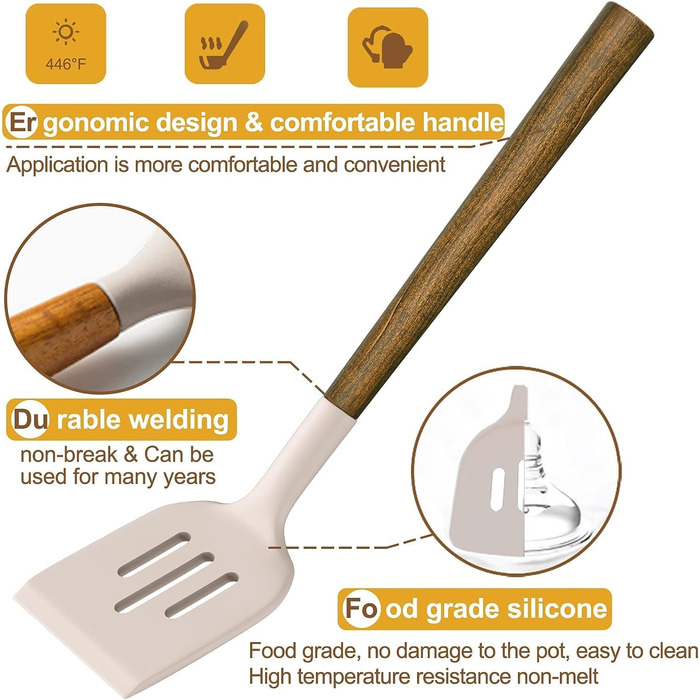 Набір кухонних аксесуарів Kochutensilien, 8 предметів з дерев'яними ручками, силіконовий набір, антипригарне покриття, термостійкий, легке очищення (Хакі)