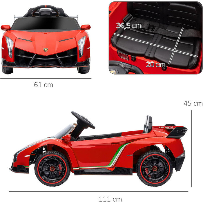 Дитячий електромобіль Lamborghini Veneno HOMCOM 12V з пультом, музикою, червоний, ліцензійний, знімна батарея, для дітей 3-6 років, фірмові двері-крила