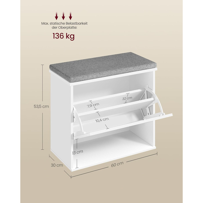 VASAGLE Комод для взуття з сидінням, банкетка для взуття з 3 ярусами, контейнер для взуття на 6 пар, відкидна полиця з регульованою перегородкою, 30 x 60 x 53,5 см, для передпокою, спальні, білий-сірий, LSB121WB01