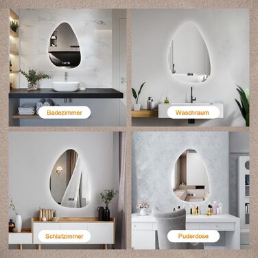 Дзеркало для ванної кімнати з підсвічуванням та годинником 50x70 см, LED, сенсорне керування, 3 кольори світла, диммування, 2470LM, стиль Jy01