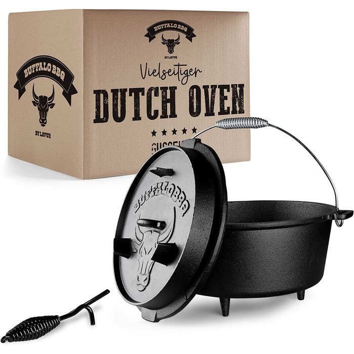 Чавунний казан Dutch Oven BUFFALO BBQ на 7,5 л з кришкою 2в1, сумкою та підйомником для кемпінгу та гриля