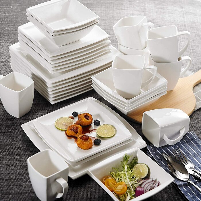 MALACASA Серія Flora – 60-елементний посуд для 12 осіб – кремово-білий порцеляновий сервіз з квадратним дизайном (тарілки, чашки, підтарілки) – придатний для миття в посудомийній машині та використання в мікрохвильовій печі, білий