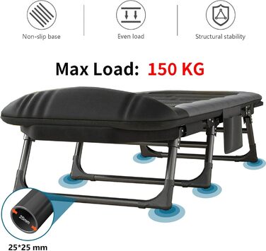 Розкладне кемпінгове ліжко-шезлонг XXL чорне, посилене польове ліжко з регульованою спинкою для відпочинку, рибалки та саду