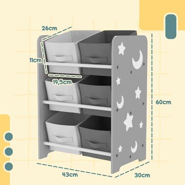 Полиця для іграшок Kinderregal для дітей старше 3 років, сіра, з 6 коробками з фетру, органайзер для іграшок, 43x30x60 см