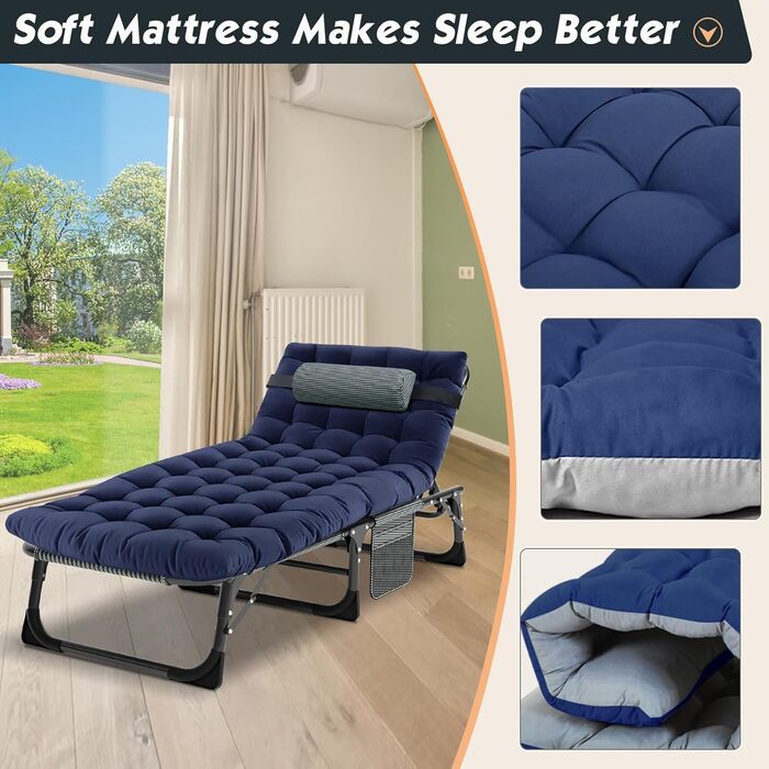 Сонячне ліжко MOPHOTO, розкладне для саду з матрацом, регульовані спинка та підніжка, портативне, для дому та вулиці, складане (зелене дитяче ліжко, матрац) (блакитне)