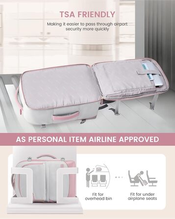 Рюкзак для ручної поклажі LOVEVOOK 40L, сірий/рожевий, для ноутбука 17.3