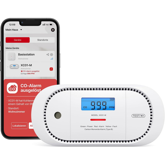 Виявлювач CO X-Sense з LCD-дисплеєм, SBS50, XC01-M (1 шт.) - для дому, з пам'яттю, з базою