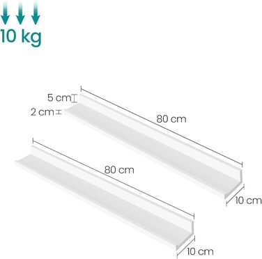 Полиця настінна SONGMICS, 2 шт, 10x80 см, біла - для книг, фото, в вітальню, спальню, ванну, кухню LWS080W01