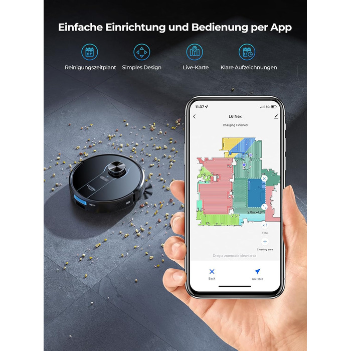 Робот-пилосос Laresar Clean з функцією миття підлоги, станція самоочищення L6 Nex, навігація LiDAR, 3л контейнер, до 180 хв роботи, 3-в-1 (прибирання, миття, пилосос), для видалення шерсті тварин, чорний