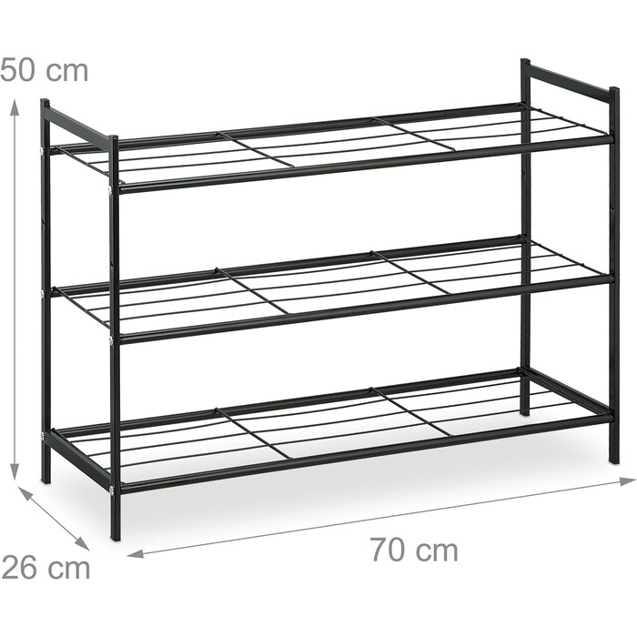 Металева полиця для взуття Relaxdays, 3 рівні, розширювана, полиця для взуття в передпокої HBT 50 x 70 x 26 см, 9 пар взуття, відкрита, (чорна)