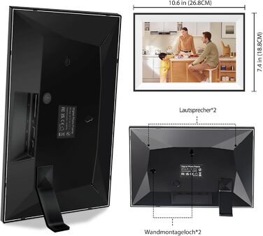 Цифрова фоторамка Frameo 10.1 дюймів WLAN, Full HD IPS сенсорний екран 1280x800, 32GB пам'ять, автоматичний поворот, можливість монтажу на стіну, керування через додаток Frameo (Чорна з білою рамкою)