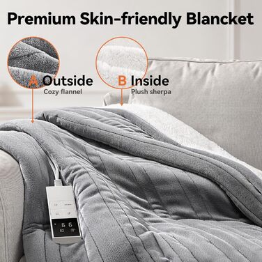 Електрична гріюча ковдра з автовимкненням, 9 зон нагріву, 200x180 см, таймер 1-9 год з функцією пам'яті, швидкий нагрів, рівномірний розподіл тепла, двостороння фланель та штучне хутро
