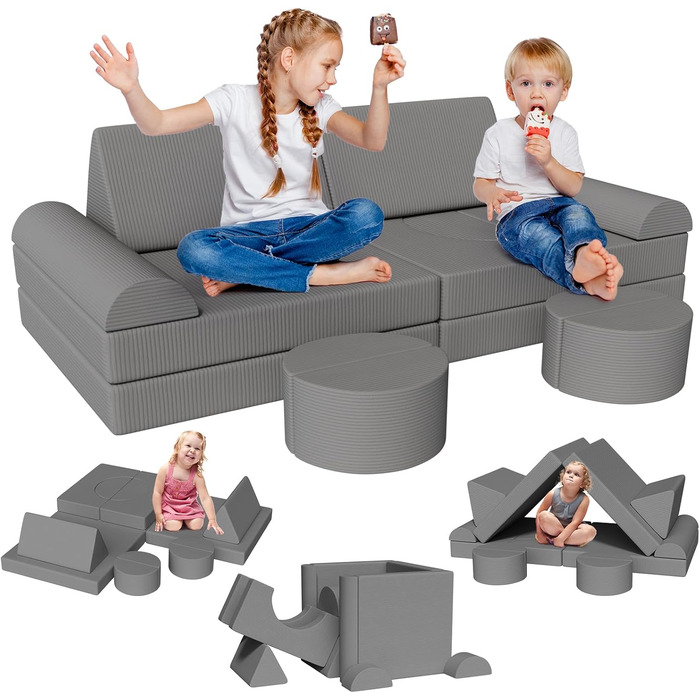 Дитяче ігрове диван-ліжко модульне, 15 частин, сірий, з сертифікатом Oeko-Tex® 100