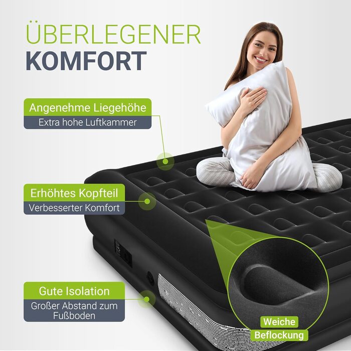 Надувний матрац Juskys самонадувний 150x200 см - 2 місця з вбудованим насосом - ідеальний для гостей та кемпінгу - водонепроникний, блакитно-білий (чорний, двоспальний)