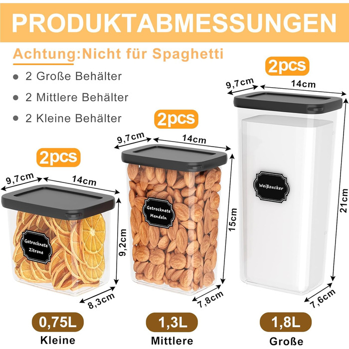 Герметичні контейнери для зберігання продуктів з кришкою, набір 6 шт (1.8л, чорний)