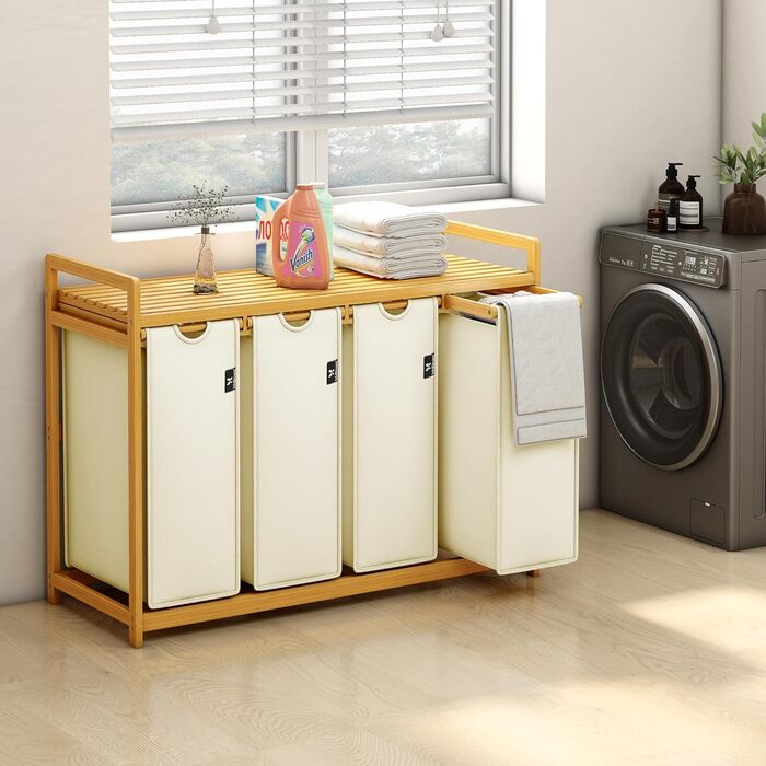 Кошик для білизни AdelDream Premium 200L з 4 відділеннями, бамбуковий каркас, знімний мішок, бежевий | Кошик для білизни для ванної та спальні