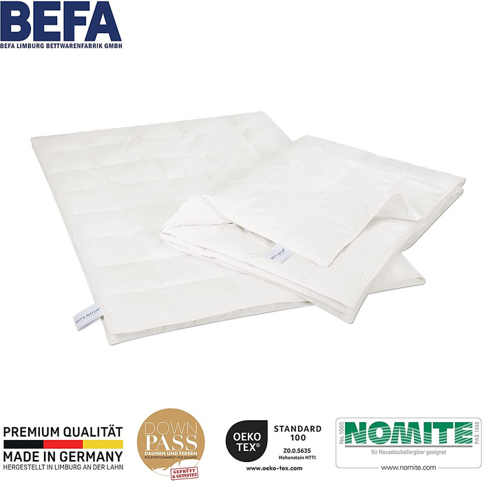 Пухова ковдра BEFA NATUR 135x200 см, 90 пух, підходить для алергіків, Oeko-Tex 100, Downpass