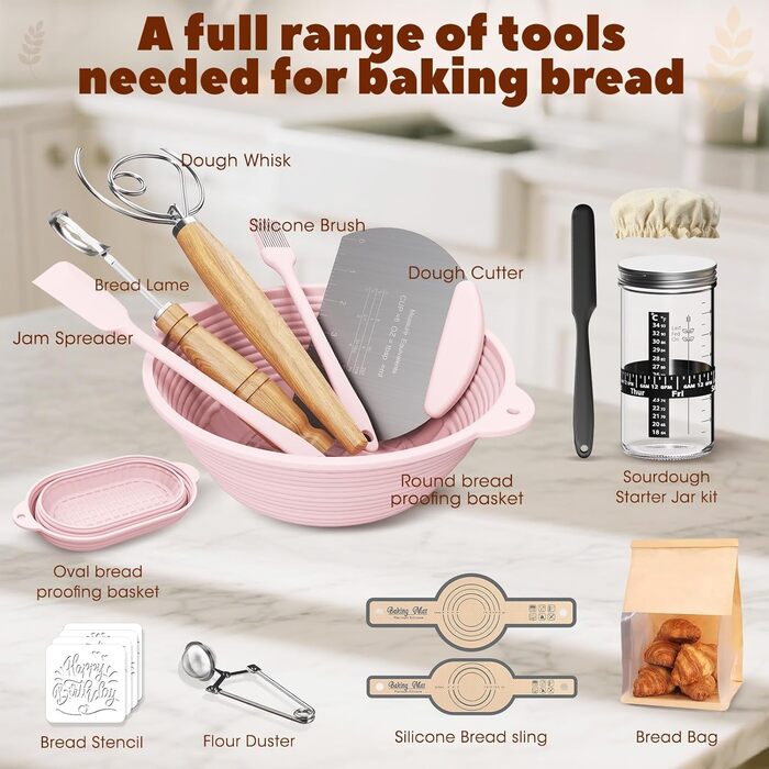 Набір для закваски з силікону MQFORU: 30 шт. Гірчаки (28 см круглі, 29 см овальні), скляна тара 730 мл, щітка, скребок. Для випікання хліба (рожевий)