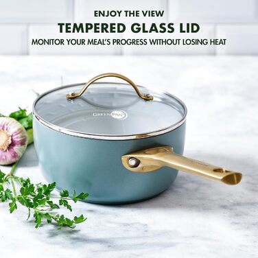 Каструля GreenPan Padova Reserve з нержавіючої сталі з антипригарним покриттям Hartelox, 18 см, 2 л, з кришкою з термостійкого скла, без PFAS, для індукційних плит, з золотим ручками, придатна для миття в посудомийній машині та випікання, колір Димчастий 