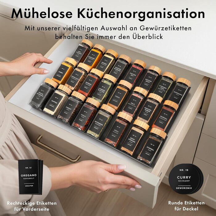 Набір бамбукових скляних баночок для спецій (24 x 120 мл) з ситечком та 240 етикетками. Організатор для спецій, контейнери для спецій, баночки для спецій. Розміри: 11x4,5 см