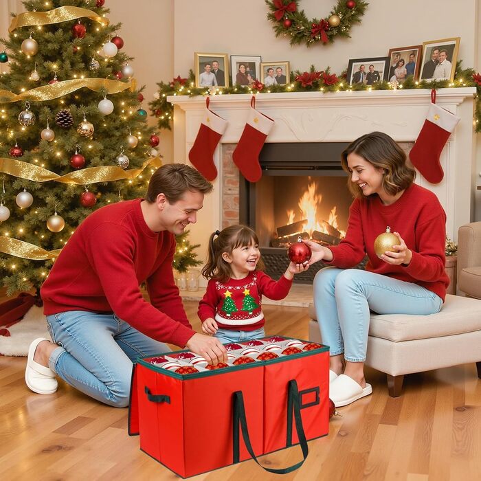 Коробка для прикрас на ялинку з 128 відділеннями, XL, з кришкою та кишенями, білий сітчастий матеріал