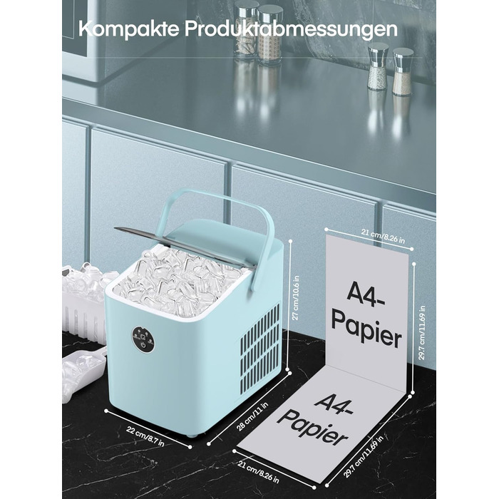 Льодогенератор FOHERE 14 кг/24 год, швидке виробництво льоду (5 хв), 2 розміри кулеподібного льоду, самоочищення, з ручкою, лопаткою та кошиком, для дому, офісу, вечірок (BabyBlue)